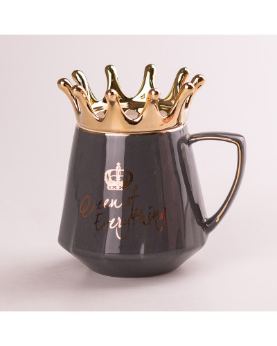 Чашка керамічна 400 мл Queen of Everything з кришкою та ложкою Сірий