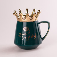 Чашка керамічна 400 мл Queen of Everything з кришкою та ложкою Зелений