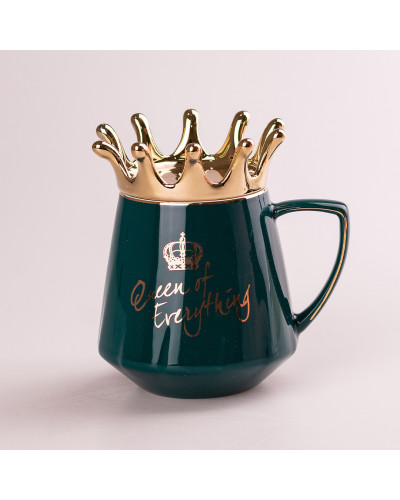 Чашка керамічна 400 мл Queen of Everything з кришкою та ложкою Зелений