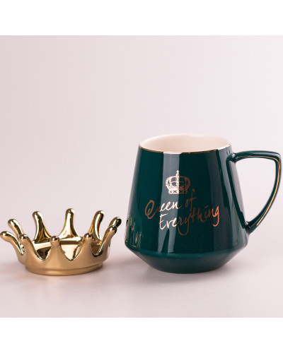 Чашка керамічна 400 мл Queen of Everything з кришкою та ложкою Зелений