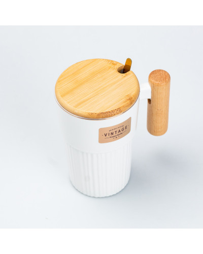 Чашка керамічна з ложкою та бамбуковою кришкою 400 мл Біла