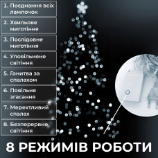 Гірлянда нитка 16м на 300 LED лампочок світлодіодна прозорий провід 8 режимів Білий