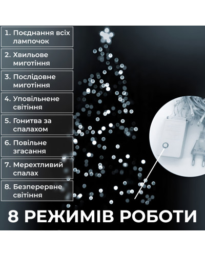 Гірлянда нитка 16м на 300 LED лампочок світлодіодна прозорий провід 8 режимів Білий Гірлянда нитка 16м на 300 LED лампочок світлодіодна прозорий провід 8 режимів Білий