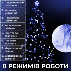 Гірлянда нитка 16м на 300 LED лампочок світлодіодна прозорий провід 8 режимів Синій