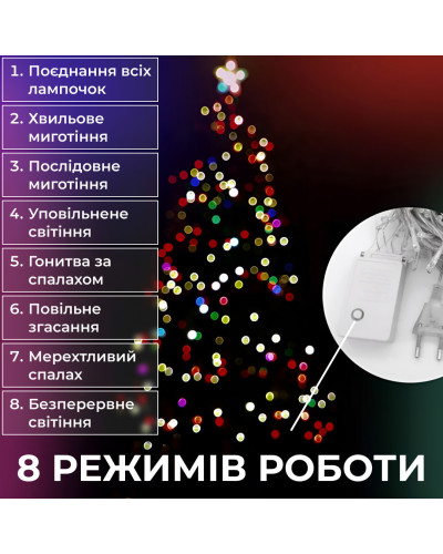 Гірлянда нитка 16м на 400 LED лампочок світлодіодна чорний провід 8 режимів роботи Гірлянда нитка 16м на 400 LED лампочок світлодіодна чорний провід 8 режимів роботи