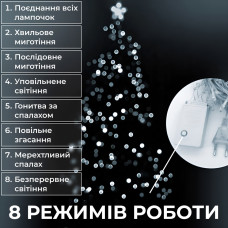 Гірлянда нитка 6м на 100 LED лампочок світлодіодна прозорий провід 8 режимів Білий