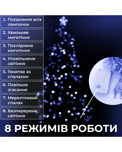 Гірлянда нитка 6м на 100 LED лампочок світлодіодна прозорий провід 8 режимів Синій Гірлянда нитка 6м на 100 LED лампочок світлодіодна прозорий провід 8 режимів Синій