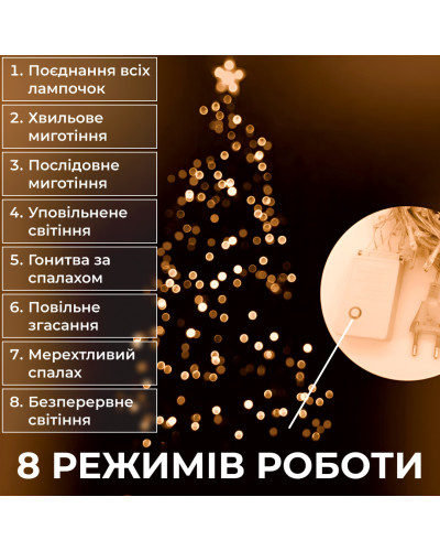 Гірлянда нитка 6м на 100 LED лампочок світлодіодна прозорий провід 8 режимів Жовтий