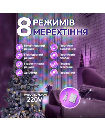 Гірлянда роса мішура 30 метрів хвойна лапа 400 led світлодіодів зелений дріт мультиколор