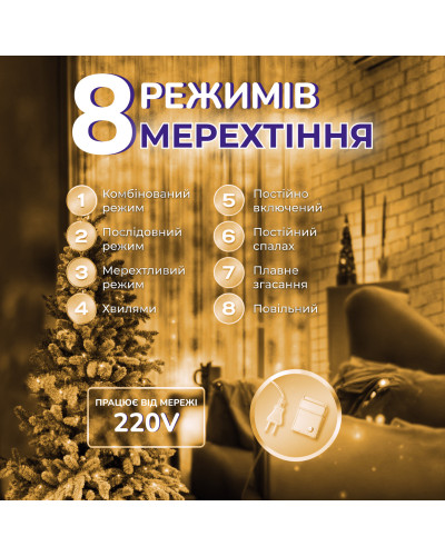 Гірлянда роса мішура 30 метрів хвойна лапа 400 led світлодіодів зелений дріт жовта
