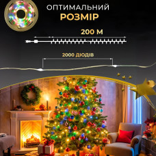 Гірлянда роса на пульті 200 метрів на 2000 led світлодіодів крапля на зеленому дроті мультиколор