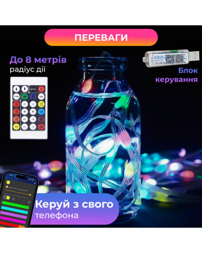 Гірлянда з кільцем на ялинку 2.5 метра Smart 250 led управління телефоном та пульт USB білий дріт