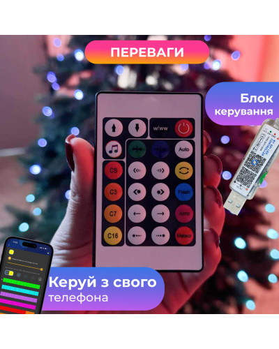 Гірлянда з кільцем на ялинку 2.5 метра Smart 250 led управління телефоном та пульт USB зелений дріт
