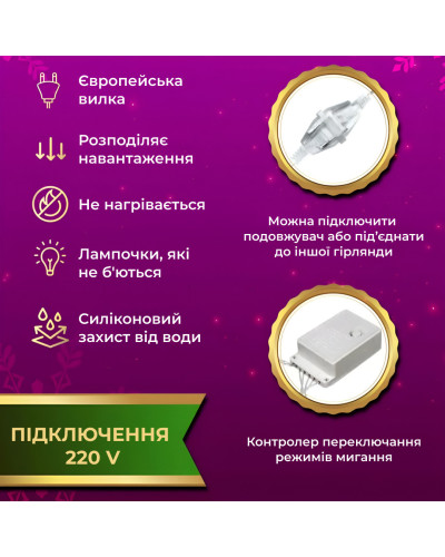 Гірлянда штора 1,5х1,5 м 160 LED світлодіодна мідний провід 8 ниток