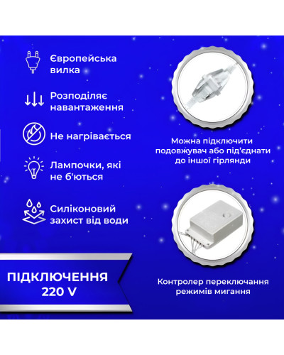 Гірлянда штора 2х2 м 240 LED світлодіодна мідний провід 8 ниток Синій