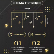 Гірлянда штора 3х0,9 м 108 LED світлодіодна зірка 9 місяць 3 мідний дріт 9V 360 градусів Жовтий