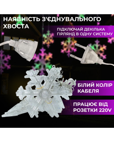 Гірлянда штора 3х0,9 м світлодіодна сніжинка і зірка LED 108L 12 шт мідний провід 9V 360 градусів