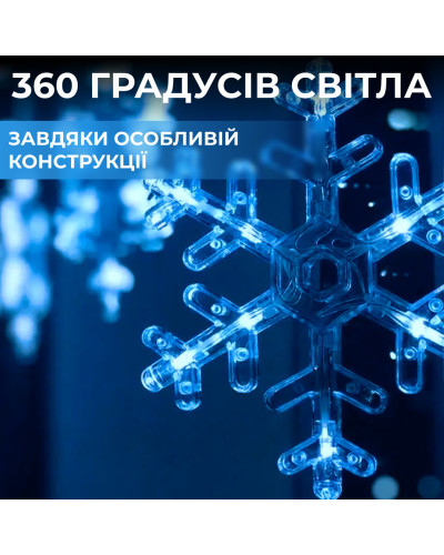 Гірлянда штора 3х0,9 м світлодіодна сніжинка і зірка LED 108L 12 шт мідний провід 9V 360 градусів Синій Гірлянда штора 3х0,9 м світлодіодна сніжинка і зірка LED 108L 12 шт мідний провід 9V 360 градусів Синій
