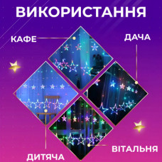 Гірлянда штора 3х0,9 м зірка і ялинка на 120 LED лампочок світлодіодна 8 режимів
