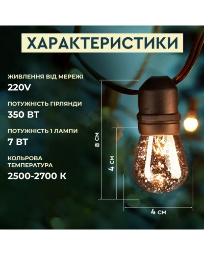 Гірлянда вулична в стилі ретро світлодіодна F27 на 10 LED ламп довжиною 5 метрів Гірлянда вулична в стилі ретро світлодіодна F27 на 10 LED ламп довжиною 5 метрів