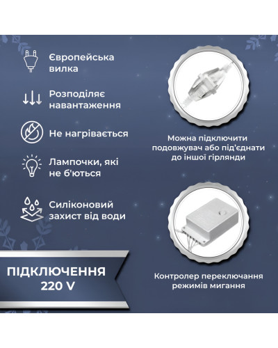 Гірлянда Водоспад 3х2 м 210 LED (480 L) лампочок світлодіодна прозорий дріт 10 ниток 8 режимів Білий Гірлянда Водоспад 3х2 м 210 LED (480 L) лампочок світлодіодна прозорий дріт 10 ниток 8 режимів Білий
