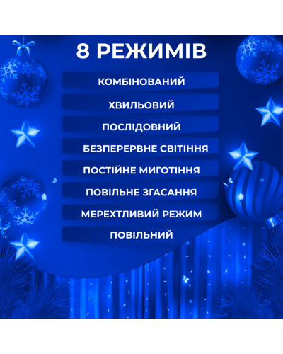 Гірлянда Водоспад 3х3 м 270 LED (560 L) лампочок світлодіодна прозорий дріт 10 ниток 8 режимів Синій Гірлянда Водоспад 3х3 м 270 LED (560 L) лампочок світлодіодна прозорий дріт 10 ниток 8 режимів Синій