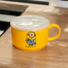 Кружка керамічна з пластиковою кришкою, 900 мл, для супу та локшини Minions