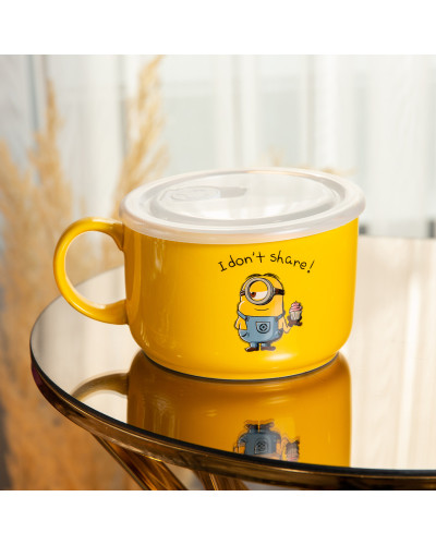 Кружка керамічна з пластиковою кришкою, 900 мл, для супу та локшини Minions