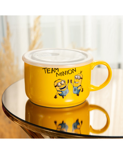 Кружка керамічна з пластиковою кришкою, 900 мл, для супу та локшини Minions