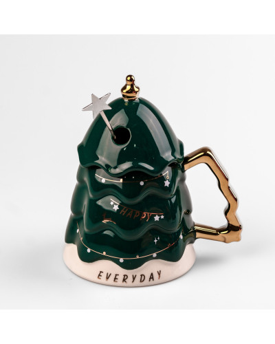 Кружка керамічна 460 мл Christmas tree з кришкою та паличкою для розмішування