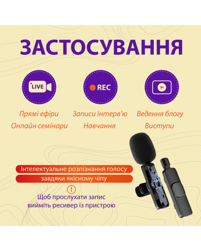 Мікрофон петличний бездротовий K9 2в1 для Iphone та Android (Lightning та Type-C) 2шт в комплекті Мікрофон петличний бездротовий K9 2в1 для Iphone та Android (Lightning та Type-C) 2шт в комплекті