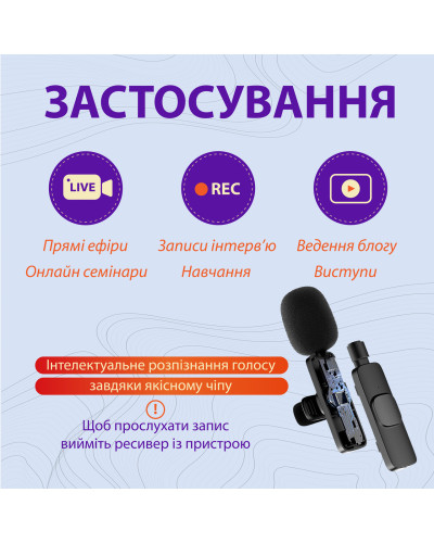 Мікрофон петличний бездротовий K9 2в1 для Iphone та Android Lightning та Type-C