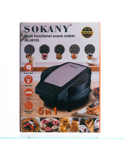 Мультипекар Sokany SK-08105 5 в 1 600 Вт з антипригарними панелями: для вафель, коржів, пончиків, горішків, фігурного печива
