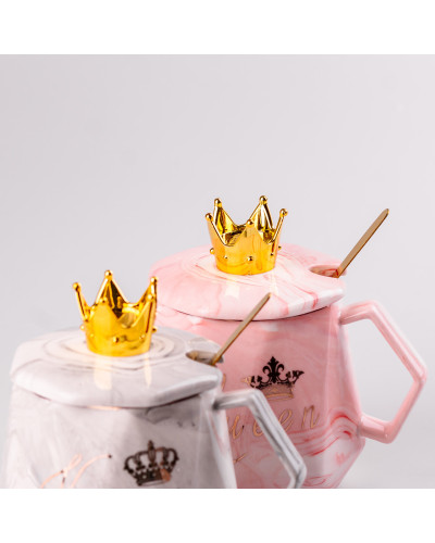 Набір чашок керамічних 400 мл Queen&King з кришкою та ложкою 2 штуки