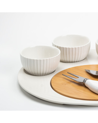 Набір для нарізання сиру Ø 29 см керамічна тарілка, ніж, виделка, 3 піали, дерев'яна дошка