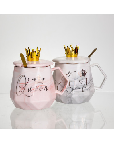 Набір парних порцелянових чашок Queen&King 2 (шт) по 400 (мл) чашки на подарунок із кришкою та ложкою FM-30