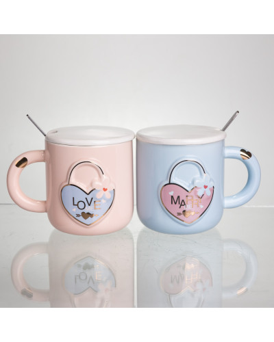 Набір парних порцелянових чашок із серцем 2 (шт) по 400 (мл) чашки на подарунок із кришкою та ложкою Рожевий з блакитним FM-32