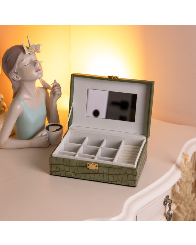 Скринька для прикрас з еко шкіри 10 відділень з дзеркалом 20×14×8 см Зелений HP-5-19GR