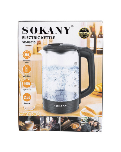 Електричний чайник скляний 2.5 л Sokany SK-09015 дисковий 1500 Вт
