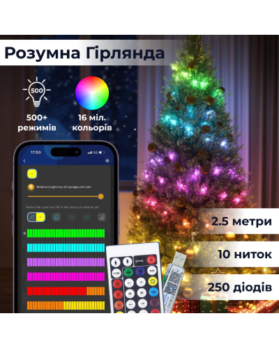 Розумна гірлянда роса 250 LED лампочок світлодіодна управління телефоном і пульт USB білий провід 2,5 м 10 ліній