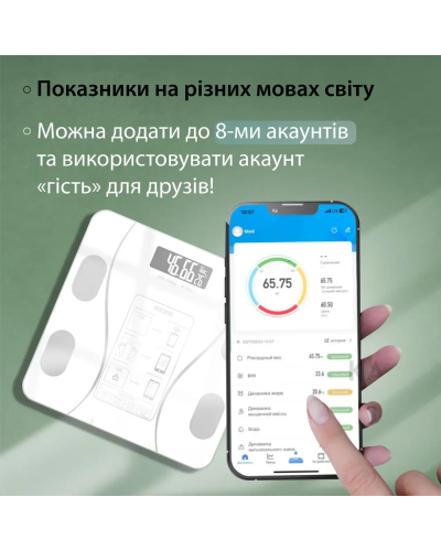 Ваги підлогові електронні Bluetooth до 180 кг блютус із застосунком для смартфона Scale one Білий