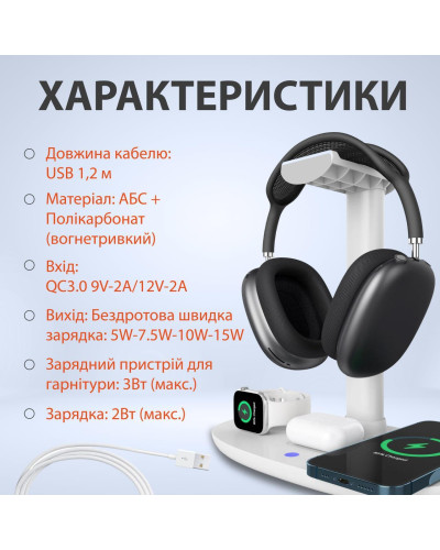 Зарядний пристрій бездротовий підставка для навушників 4в1 тримач для гарнітури IOS та Android Білий